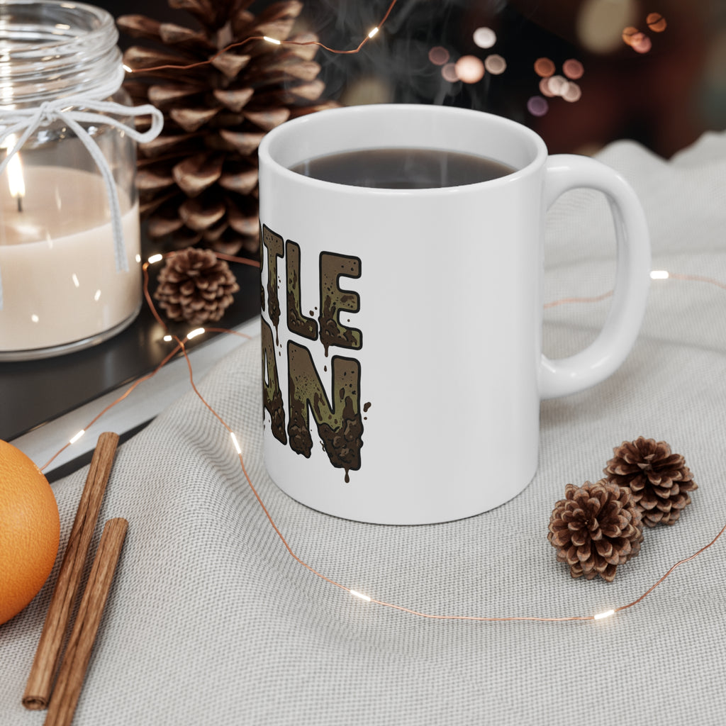 Turtle Man Coffee Mug – Rustic Mud-Splatter Graphic 11oz Ceramic